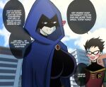  1boy 1girl after_sex bodysuit breasts cloak colored_skin commentary dc_comics dick_grayson english_commentary eye_mask goth_fashion grey_skin highres large_breasts mask multicolored_bodysuit purple_cloak raven_(dc) robin_(dc) superhero_costume teen_titans theodyss_(xothdys) two-tone_bodysuit 