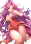  1girl absurdres angela_(seiken_densetsu_3) breasts earrings gloves green_eyes hat highres jewelry leotard long_hair masami_chie pointy_ears purple_hair seiken_densetsu seiken_densetsu_3 signature simple_background solo staff white_background 