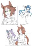  4girls :d animal_ears beer_hsk braid brown_hair buruma commentary_request ear_ribbon fine_motion_(umamusume) flying_sweatdrops glasses green_eyes green_ribbon gym_shirt gym_shorts gym_uniform highres holding horse_ears horse_girl horse_tail ikuno_dictus_(umamusume) jacket long_hair mejiro_mcqueen_(umamusume) multicolored_hair multiple_girls open_clothes open_jacket partially_colored purple_eyes purple_hair ribbon round_eyewear sharp_teeth shirt short_eyebrows shorts single_braid smile tail teeth thick_eyebrows track_jacket twin_turbo_(umamusume) two-tone_hair umamusume very_long_hair white_background white_hair |_| 