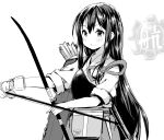  1girl akagi_(kancolle) arrow_(projectile) blush bow_(weapon) closed_mouth commentary_request gloves greyscale hair_between_eyes hakama hakama_skirt holding holding_arrow holding_bow_(weapon) holding_weapon japanese_clothes kantai_collection long_hair monochrome muneate partially_fingerless_gloves quiver rigging sidelocks simple_background single_glove sketch skirt weapon yazawa_oke yugake 