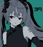  1girl alternate_costume aqua_background chinese_clothes commentary_request cutout_eyelashes detached_sleeves flat_chest flower greyscale_with_colored_background hair_flower hair_ornament hatsune_miku highres kobaryo looking_at_viewer miku_day open_mouth red_pupils shirt shoulder_tattoo sleeveless sleeveless_shirt smile solo tattoo twintails vocaloid 