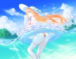  1girl ass azur_lane bare_shoulders blonde_hair blue_sky blush breasts cleavage closed_mouth cloud day fish hair_ornament hat highleg highleg_swimsuit highres in_water kotosuzu large_breasts lifebuoy long_hair looking_at_viewer ocean one-piece_swimsuit outdoors palm_tree pink_eyes pink_swimsuit richelieu_(azur_lane) richelieu_(flagship_in_the_sea_breeze)_(azur_lane) sky solo sun_hat swimsuit tree tropical very_long_hair water white_headwear 
