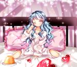  1girl ;&lt; artist_name bed beyblade beyblade:_burst blue_hair chankyone character_name closed_mouth food heart legs long_hair nishiro_nya pillow pudding purple_eyes shirt sitting white_shirt 