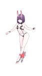  1girl absurdres ankle_ribbon bangs bare_shoulders barefoot_sandals bob_cut breasts bridal_gauntlets closed_mouth collarbone doufu_(pixiv9093484) eyeliner fate/grand_order fate_(series) feet full_body highres horns legs makeup navel oni oni_horns purple_eyes purple_hair red_ribbon revealing_clothes ribbon short_eyebrows short_hair shuten_douji_(fate/grand_order) skin-covered_horns small_breasts smile 