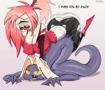 absurd_res bodily_fluids breasts clothed clothing dialogue duo eyebrows fangs female fingers grey_body hair hazbin_hotel hellaverse hi_res humanoid male markmanez nipple_outline nude_male orange_eyes pink_hair reptile scalie sir_pentious_(hazbin_hotel) snake tears teeth text tongue tongue_out yellow_sclera