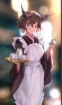  1girl alternate_costume apron brown_hair cup dated enmaided green_eyes harusame_tsubaki headgear highres holding holding_saucer holding_tray kantai_collection looking_at_viewer maid maid_apron mutsu_(kantai_collection) short_hair signature smile solo teacup teapot tray wa_maid 