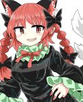  1girl :3 animal_ears black_bow black_dress black_ribbon bow braid cat_ears chups cowboy_shot dress extra_ears fang frilled_dress frilled_sleeves frills green_frills highres kaenbyou_rin looking_at_viewer multiple_tails neckwear red_eyes red_hair red_nails red_neckwear ribbon tail touhou two_tails white_background 