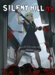  2girls bang_dream! bang_dream!_it's_mygo!!!!! blue_shirt blue_skirt commentary_request flower green_hair hair_ornament hairpin highres holding holding_lead_pipe lead_pipe mortis_(bang_dream!) multiple_girls parody red_flower rushinada sailor_collar school_uniform shirt silent_hill_(series) silent_hill_f skirt title_parody torn_clothes torn_sleeves tsukinomori_school_uniform wakaba_mutsumi yellow_eyes 