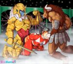 abs anal anal_penetration anthro armor beard blue_body blue_skin bodily_fluids bodysuit bottomwear bound bovid bovid_horn bovine brown_body brown_fur bulge closed_smile clothed clothing collar cum cum_drip cum_in_mouth cum_inside cum_on_penis cum_on_tongue defeat defeat_sex defeated defeated_hero domination/submission dripping dungeon eroskun european_mythology eyebrows eyes_closed facial_hair facial_piercing facial_scales fallen_hero felid fellatio fur garuganto genital_fluids genitals gold_nose_ring goldar greek_mythology group group_sex hands_behind_back hands_on_hips hands_tied horn hybrid kneeling kneeling_anal kneeling_oral_position leash leash_pull leashed_collar male male/male mammal mane melee_weapon minotaur monster mouth_closed muscular muscular_male mythology nose_piercing nose_ring open_mouth oral oral_penetration pantherine pecs penetration penile penile_penetration penis penis_in_ass penis_in_mouth piercing power_rangers red_body red_skin ring_piercing scale_eyebrows scales sex skinsuit slanted_eyebrows smile spitroast submissive submissive_male sword tarke threesome tiger tight_clothing tongue tongue_out tongue_out_fellatio toothy_grin torn_bottomwear torn_clothing trio weapon white_eyes