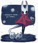  1girl arthropod_girl artist_name black_eyes black_skin broken_mask bug cloak colored_skin english_commentary english_text firefly full_body highres hollow_eyes hollow_knight horned_mask hornet_(hollow_knight) horns looking_down mask momoiiroo needle_(hollow_knight) red_cloak standing weapon weapon_on_back white_mask 