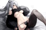  1girl bangs black_legwear breasts fate/grand_order fate_(series) hair_between_eyes highres knee_up large_breasts long_hair long_sleeves looking_at_viewer lying navel on_back pantyhose pantyhose_pull ponytail red_eyes silver_hair thighs tomoe_gozen_(fate/grand_order) touwa_nikuman underboob 