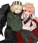  2boys 3327733341 androgynous animification ascot bird_wings bishounen black_wings blonde_hair blush brooch bucket_hat cape chinese_commentary closed_eyes commentary_request crown dream_smp earrings fang fur-trimmed_cape fur_trim green_kimono hat highres humanization japanese_clothes jewelry kimono long_hair male_focus minecraft_youtube multiple_boys open_mouth ph1lza pink_hair pointy_ears red_cape red_eyes shirt short_hair simple_background single_earring smile striped_clothes striped_hat striped_headwear technoblade too_many_watermarks variant_set vertical-striped_clothes vertical-striped_headwear watermark white_ascot white_background white_shirt wide_sleeves wings 