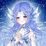  1girl absurdres bead_necklace beads bikini blue_background blue_bikini blue_eyes blue_eyeshadow blue_gemstone blue_hair blue_scales chinese_commentary circlet closed_mouth commentary_request commission cyfrost eyelashes eyeshadow fins forehead_jewel frilled_bikini frills gem hair_beads hair_ornament head_fins highres infinity_nikki interlocked_fingers jewel_under_eye jewelry light_blush light_particles lipstick long_hair long_sidelocks makeup mermaid monster_girl necklace nikki_(series) outline own_hands_clasped own_hands_together pink_lips raised_inner_eyebrows sad sample_watermark sidelocks snowy_ballad_(infinity_nikki) solo star_(symbol) strapless strapless_bikini swimsuit too_many_watermarks upper_body very_long_hair watermark wavy_hair white_outline 