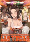  2boys 4girls ;d black_tank_top blonde_hair blue_eyes blue_nails brand_name_imitation breasts brown_hair burger butcha-u cleavage collarbone comiket_107 commentary_request cover cover_page crop_top cum cum_in_container cum_in_cup cup dark-skinned_female dark_skin doujin_cover earrings food grey_eyes highres holding holding_cup holding_plate hoop_earrings hooters jewelry midriff mug multiple_boys multiple_girls name_tag one_eye_closed orange_shorts original plate restaurant short_hair short_shorts shorts smile sports_bra tank_top very_dark_skin white_sports_bra white_tank_top 