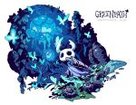  1other black_skin bush chatonlaser colored_skin full_body greenpath grey_cloak highres hollow_eyes hollow_knight horned_mask ivy knight_(hollow_knight) leaf lifeblood_cocoon mask nail_(hollow_knight) shell solo white_mask 