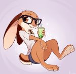  2020 anthro aseethe beverage bottomwear brown_body brown_eyes brown_fur bubble_tea buckteeth cheek_tuft chest_tuft cider_(ciderbunart) classes clothed clothing disney facial_tuft fan_character female fully_clothed fur head_tuft holding_cup holding_object hotpants lagomorph leporid mammal open_mouth open_smile purple_background rabbit shorts simple_background sitting smile solo sparkles straw teeth tuft zootopia 