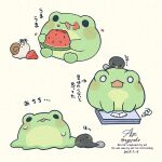  :3 :d animal animal_focus arrow_(symbol) ayu_(mog) blush_stickers commentary_request dated eating food frog fruit highres holding holding_food holding_fruit no_humans o_o open_mouth original signature simple_background smile snail solid_circle_eyes surprised sweat tadpole translation_request twitter_username watermark watermelon watermelon_slice weighing_scale weight_conscious white_background 