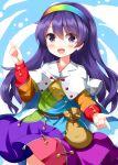  1girl :d alternate_hair_length alternate_hairstyle belt_pouch blue_background blush cape commentary_request cowboy_shot dress hair_between_eyes hairband hand_up highres index_fingers_raised long_hair long_sleeves looking_at_viewer multicolored_dress multicolored_hairband open_mouth pouch print_cape purple_eyes purple_hair rainbow_gradient ruu_(tksymkw) sky_print smile solo tenkyuu_chimata touhou two-sided_cape two-sided_fabric white_cape 