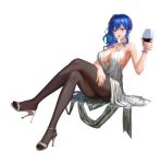 1girl absurdres alcohol azur_lane backless_dress backless_outfit bangs black_legwear blue_hair blue_nails commentary_request cup dress earrings evening_gown grey_dress hair_between_eyes halter_dress hand_on_own_thigh high_heels highres holding holding_cup hong_bai jewelry nail_polish necklace pantyhose parted_lips pink_eyes plunging_neckline revealing_clothes side_ponytail sidelocks silver_dress silver_footwear sitting st._louis_(azur_lane) st._louis_(luxurious_wheels)_(azur_lane) thighs 