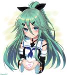  1girl artist_name bangs bare_shoulders black_bow blue_neckwear blush bow breasts collar commentary criss-cross_halter detached_sleeves eyebrows_visible_through_hair green_eyes green_hair hair_between_eyes hair_bow halterneck heart heart-shaped_pupils heart_hands highres kantai_collection long_hair looking_at_viewer medium_breasts neckerchief off_shoulder parted_bangs sailor_collar sazamiso_rx sidelocks simple_background solo symbol-shaped_pupils upper_body white_background wide_sleeves yamakaze_(kantai_collection) 