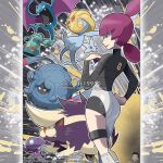  1girl artist_name ass blunt_bangs breasts bronzong closed_eyes closed_mouth commentary company_name copyright_name copyright_notice double_bun english_commentary eyelashes fangs forehead_jewel golbat great_ball hair_bun hand_on_own_hip highres holding holding_poke_ball instagram_username jupiter_(planet) lipstick long_sleeves makeup official_style open_mouth outline poke_ball pokemon pokemon_(creature) pokemon_dppt purple_eyes purple_hair purple_lips sableye skuntank tangrowth team_galactic team_galactic_uniform tom_higgins turtleneck uxie white_outline 