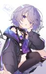  1girl asymmetrical_legwear black_jacket black_shirt black_skirt black_thighhighs chest_jewel choker commentary detached_wings ear_piercing flat_chest frilled_choker frilled_shirt_collar frilled_thigh_strap frills gem gradient_hair grey_hair hair_flaps hair_over_one_eye highres hololive hololive_english jacket jewel_under_eye koseki_bijou koseki_bijou_(casual) leg_warmers looking_at_viewer metal_wings miniskirt multicolored_hair neck_ribbon off_shoulder official_alternate_costume open_mouth piercing pleated_skirt purple_eyes purple_gem purple_hair purple_jacket purple_shoes quilted_jacket ribbon ryuga_(balius) shirt shoes short_hair simple_background single_leg_warmer single_thighhigh skirt sleeves_past_wrists solo speech_bubble squatting swept_bangs thigh_strap thighhighs two-sided_fabric two-sided_jacket virtual_youtuber white_background white_leg_warmers wings zipper_skirt 