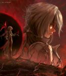  1girl arlecchino_(genshin_impact) artist_name black_hair black_pants black_shoes closed_mouth coat crimson_moon's_semblance_(genshin_impact) genshin_impact grey_coat grey_hair highres holding holding_polearm holding_scythe holding_weapon jvn long_hair missing_commentary multicolored_hair pants polearm red_eyes red_pupils scythe shoes solo standing streaked_hair symbol-shaped_pupils two-tone_hair weapon zoom_layer 