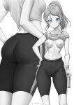  1girl artist_name ass ayase_eli bike_shorts blue_eyes blush bottle breasts butt_crack close-up clothes_lift cowboy_shot hair_ornament hair_scrunchie hand_on_own_hip highres leggings looking_at_viewer love_live! love_live!_school_idol_project medium_breasts midriff monochrome multiple_views navel nipples ponytail scrunchie shirt shirt_lift shorts signature simple_background spot_color sweat tied_shirt tight_clothes unsfrau water wet wet_clothes white_background 