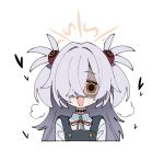  1girl @_@ black_choker blue_archive brown_halo choker collared_shirt dress hair_bobbles hair_ornament hair_over_one_eye halo heart heavy_breathing kanoe_(blue_archive) long_hair multicolored_eyes open_mouth pinafore_dress sabi1234 shirt short_twintails sleeveless sleeveless_dress solo spoken_heart twintails two-tone_eyes upper_body white_background white_sleeves 