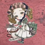  1girl :q acrylic_paint_(medium) ankle_boots apron blonde_hair blush boots bow chibi cup curly_hair dress food fork full_body gloves green_dress green_eyes green_shoes hair_bow hair_ribbon hand_up headscarf highres holding holding_fork karintoun lace long_sleeves looking_at_viewer maid medium_hair original painting_(medium) pink_background pink_bow plaid_clothes plaid_dress ribbon shoes signature simple_background smile socks solo_focus standing striped_clothes striped_socks teacup tongue tongue_out traditional_media watercolor_(medium) white_apron 