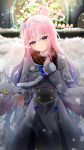  1girl absurdres angel_wings aqua_hair blue_archive blue_bow blush bow buttons capelet closed_mouth commentary_request crescent double-breasted feathered_wings fur-trimmed_capelet fur-trimmed_jacket fur_trim gold_trim gradient_hair grey_jacket hair_bun halo highres jacket kyuro long_hair long_sleeves looking_at_viewer low_wings mika_(blue_archive) multicolored_hair pink_hair pink_halo scarf single_hair_bun single_side_bun snow snowing solo very_long_hair white_wings wing_ornament wings 