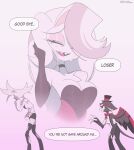 4_arms absurd_res angel_dust animal_humanoid anthro arachnid arachnid_humanoid arthropod arthropod_humanoid biped black_body black_fur bodily_fluids choker clothed clothing crying domestic_cat duo eyelashes eyes_closed felid feline felis fingers fur hazbin_hotel hellaverse hi_res humanoid jewelry male mammal markmanez multi_arm multi_limb multicolored_body multicolored_fur necklace pink_background pink_body pink_fur side_view simple_background spider_humanoid tears teeth tongue wings