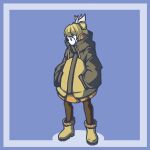  1girl alternate_costume blonde_hair blue_background blue_border boots border brown_jacket brown_leggings collared_jacket commentary_request double_bun drawstring earmuffs from_side fur-trimmed_boots fur_trim hair_bun hair_ribbon hands_in_pockets jacket joutouguu_mayumi kujiraya leggings long_sleeves multicolored_jacket oversized_jacket pleated_skirt puffy_long_sleeves puffy_sleeves ribbon short_hair simple_background skirt solo touhou two-tone_jacket white_ribbon yellow_boots yellow_eyes yellow_jacket yellow_skirt 