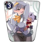  1boy 1girl absurdres aegiomon against_glass black_pantyhose black_vest chest_jewel commentary_request cowboy_shot digimon digimon_card_game digimon_story:_time_stranger facial_mark gerusyu grey_hair grey_shirt highres horns hug hug_from_behind jacket long_hair misono_inori one_eye_closed panties panties_under_pantyhose pantyhose pointy_ears shirt short_hair underwear vest white_jacket white_panties 