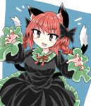  1girl :3 animal_ears black_bow black_dress blue_background bow braid cat_ears cat_tail chups cowboy_shot dress eyebrows_visible_through_hair face frilled_dress frilled_sleeves frills green_frills highres long_sleeves looking_at_viewer multiple_tails red_eyes red_hair red_nails red_neckwear ribbon solo tail touhou twin_braids two_tails white_background 
