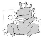  aliasing black_and_white digital_media_(artwork) eyes_always_closed eyes_closed fin fish fish_(nuclear_throne) full-length_portrait male marine monochrome nude portrait sailewder sitting solo spot_color thick_thighs toony 