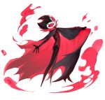  1boy arthropod_boy bamsot black_cape black_skin cape cape_lift colored_sclera colored_skin fire full_body grimm_(hollow_knight) hand_up head_tilt highres hollow_knight male_focus no_pupils pink_fire red_cape red_sclera simple_background solo two-sided_cape two-sided_fabric white_background 