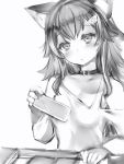  1girl animal_ears belt_collar closed_mouth collar ears_down fingernails greyscale hair_ornament hairclip head_tilt highres holding hololive long_hair monochrome nanashi_(nlo74593630) off_shoulder ookami_mio shirt simple_background solo upper_body white_background wolf_ears 