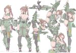  1girl arm_armor armpits arms_up ass bare_shoulders black_thighhighs blush breasts brown_hair cleavage commentary_request covered_groin covered_navel dress exposed_back glasses green_dress groin gundam hair_ornament highres large_breasts leg_up leggings leotard logo long_hair long_sidelocks mobile_suit_gundam multiple_views musai orange_eyes personification ponytail round_eyewear science_fiction shoulder_blades sidelocks simple_background split standing standing_front_split standing_on_one_leg standing_split stirrup_legwear sweat thighhighs toeless_legwear torn_clothes torn_leggings weapon white_background yazawa_owl yoga zeon 