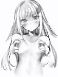  1girl blush breasts copyright_request eyebrows_visible_through_hair greyscale hair_ornament hairclip hands_up head_tilt highres large_breasts long_hair looking_at_viewer monochrome nanashi_(nlo74593630) nipples parted_lips simple_background solo sweatdrop upper_body white_background 