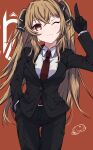  1girl 404_logo_(girls'_frontline) ;3 absurdres between_breasts black_gloves black_jacket black_pants black_suit blazer blush breasts brown_hair business_suit commentary_request girls'_frontline gloves hair_between_eyes hand_in_pocket highres jacket kakuzatou_(cubesugar03196) long_hair looking_at_viewer medium_breasts necktie necktie_between_breasts one_eye_closed pants pink_eyes red_eyes red_necktie shirt solo suit thigh_gap three-finger_salute twintails ump9_(girls'_frontline) very_long_hair white_shirt 