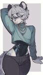 absurd_res anthro bell chantiyii ear_piercing eyewear felid femboy fur gesture glasses grey_body grey_fur hair hi_res leopard looking_at_viewer male mammal pantherine piercing sharp_tooth short_hair silver_chain smile smiling_at_viewer wearing_glasses