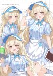  1girl :< :d alternate_costume apron blonde_hair blue_dress blue_ribbon blue_visor breasts closed_mouth commentary_request cup dress drinking_glass fan_request grid_background highres holding holding_tray kuramoto_beta-carotene long_hair looking_at_viewer medium_breasts multiple_views neck_ribbon odaibako open_mouth phoebe_(wuthering_waves) purple_eyes ribbon short_sleeves smile striped_clothes striped_dress translation_request tray very_long_hair visor_cap waitress white_background wuthering_waves 