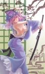  1girl arched_back ass back bare_shoulders black_sash blue_dress blue_hat blue_kimono blue_skirt branch breasts dress frilled_skirt frilled_sleeves frills hand_fan hat highres holding holding_fan japanese_clothes katana kimono large_breasts long_skirt looking_at_viewer mob_cap naked_kimono namiki_(remiter00) open_clothes pink_eyes pink_hair ribbon-trimmed_sleeves ribbon_trim saigyouji_yuyuko sash sheath sheathed shouji sideboob skirt sliding_doors smile sword tight_clothes tight_dress touhou weapon wide_sleeves 