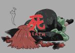  1girl :3 animal_ears bare_legs black_bow black_dress black_footwear black_ribbon bow braid cat_ears chups death dress extra_ears frilled_dress frilled_sleeves frills ghost green_frills halo kaenbyou_rin long_sleeves red_eyes red_hair red_nails ribbon solo touhou twin_braids 