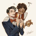  2boys alastor_(hazbin_hotel) alastor_(human)_(hazbin_hotel) black_eyes black_hair blue_suit brown_hair collared_shirt curly_hair dark-skinned_male dark_skin hazbin_hotel hellaverse heterochromia highres juanmao looking_at_another multicolored_hair multiple_boys red_vest shirt streaked_hair suit vest vox_(hazbin_hotel) vox_(human)_(hazbin_hotel) white_hair white_shirt 