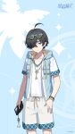  1boy ahoge black_hair blue-tinted_eyewear blue_background blue_jacket cellphone chinese_commentary collarbone commentary_request extra_pupils eyewear_on_head feet_out_of_frame gradient-tinted_eyewear green-tinted_eyewear hair_over_one_eye highres holding holding_phone hood hooded_jacket jacket key male_focus male_swimwear male_tyrant_(stella_sora) male_tyrant_(swimsuit)_(stella_sora) official_art official_wallpaper one_eye_covered phone shirt short_hair sleeveless sleeveless_jacket smartphone solo standing stella_sora sunglasses swim_trunks tinted_eyewear tyrant_(stella_sora) v-neck white_male_swimwear white_shirt white_swim_trunks 