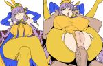  1boy 1girl absurdres anal animal_ears animal_hat anus ass bare_shoulders bb_(fate) blue_gloves blue_skirt breasts clothed_female_nude_male clothed_sex crossed_legs ebora elbow_gloves fate/grand_order fate_(series) full_nelson gloves gold_leotard gold_ribbon golden_bb_(fate) grin hair_ribbon hat hetero highleg highleg_leotard highres large_breasts leotard lifting_person long_hair long_skirt looking_at_viewer multiple_views neck_ribbon nude open_mouth pantyhose penis purple_hair pussy rabbit_ears rabbit_hat reverse_suspended_congress ribbon rolling_eyes sash sex showgirl_skirt sitting skirt smile spread_legs tearing_up thighs torn_clothes two-tone_skirt uncensored very_long_hair yellow_eyes yellow_pantyhose yellow_skirt 