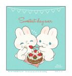  :3 :q animal animal_focus ayu_(mog) blue_background blue_eyes border cake closed_eyes closed_mouth commentary cream english_commentary english_text feeding food fork fruit highres holding holding_fork no_humans notice_lines original plate rabbit signature simple_background solid_circle_eyes strawberry tongue tongue_out twitter_username watermark white_border 