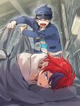  2boys anger_vein black_hair blank_eyes blue_eyes blue_hair blue_hat blue_jacket blue_pants blush commentary_request guco_(gco_h) hat highres hood hood_down hoodie indoors jacket long_sleeves lying male_focus maruko_gaku multicolored_hair multiple_boys on_side open_clothes open_jacket open_mouth pants pillow red_hair shirt streaked_hair sumino_takumi sweat t-shirt the_hundred_line_-last_defense_academy- under_covers white_hoodie 